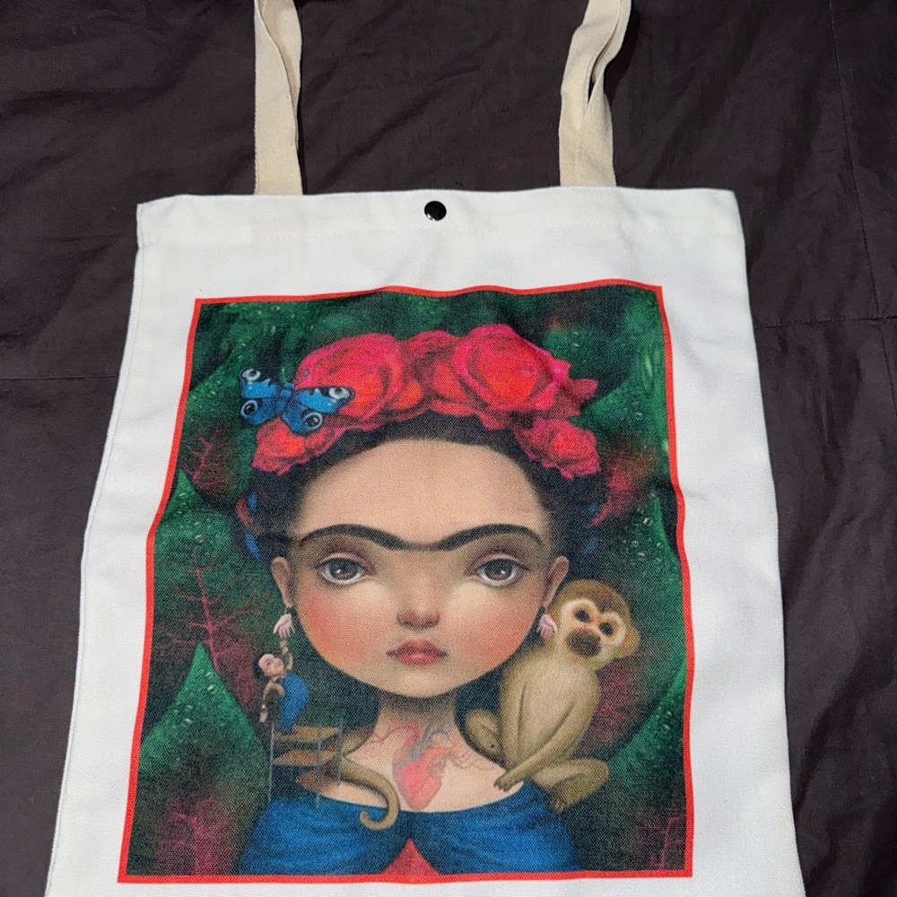 Artistic White Tote Bag with Frida Kahlo Design